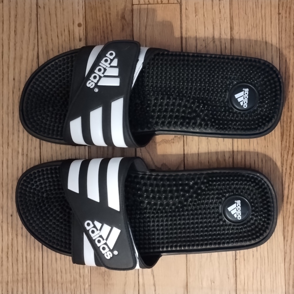 NWOT ADIDAS SANDALS/SLIDES, BLACK & WHITE, SZ. 12.